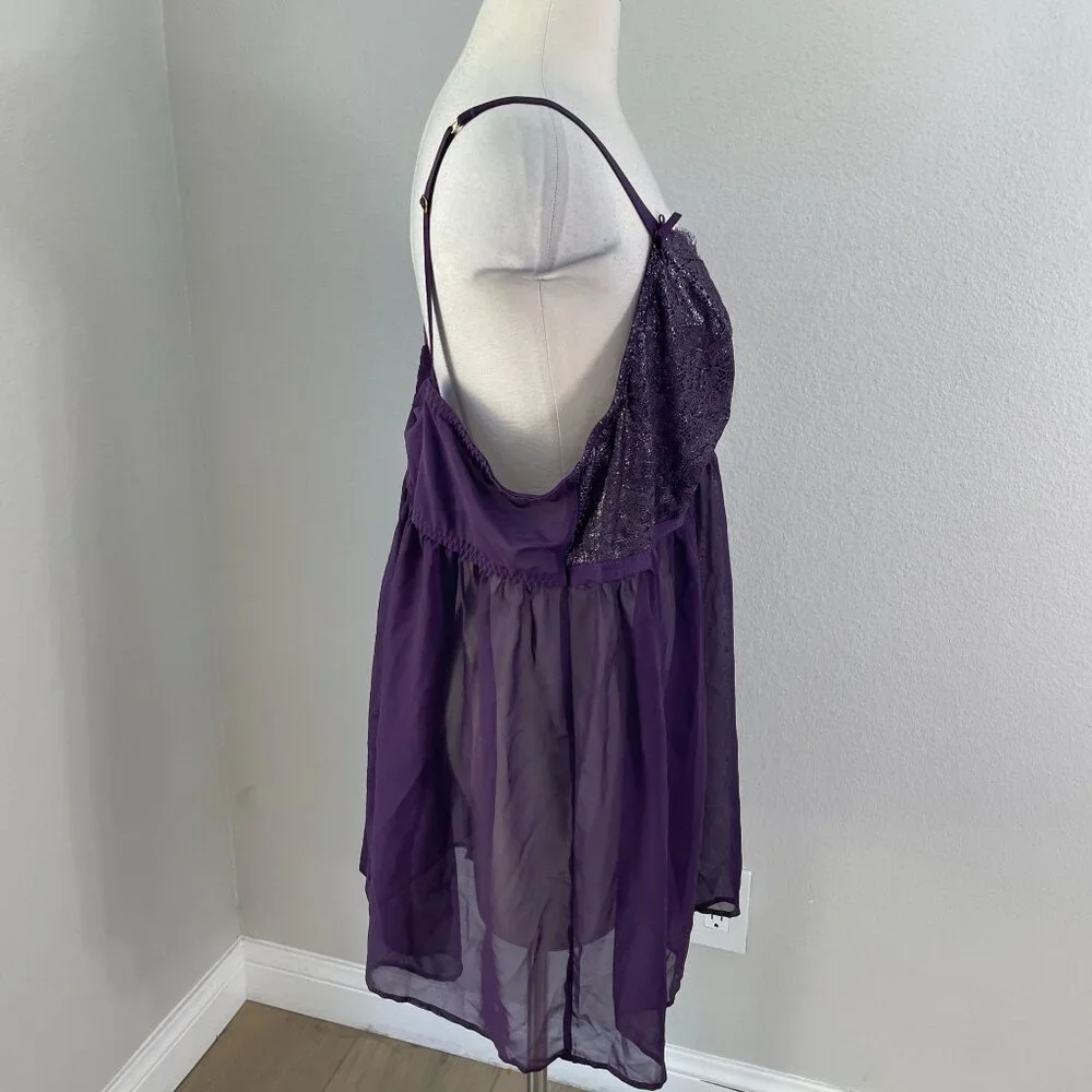 NEW Cacique Womens Plus 22/24 Purple Metallic Sheer Lace Babydoll Lingerie Set - Picture 11 of 14